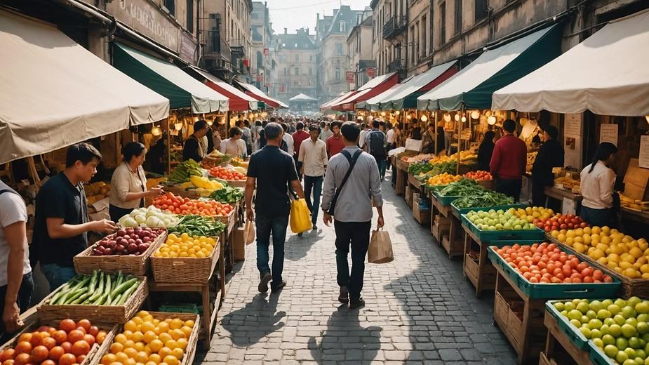 A busy street market filled with various products that attract consumers.