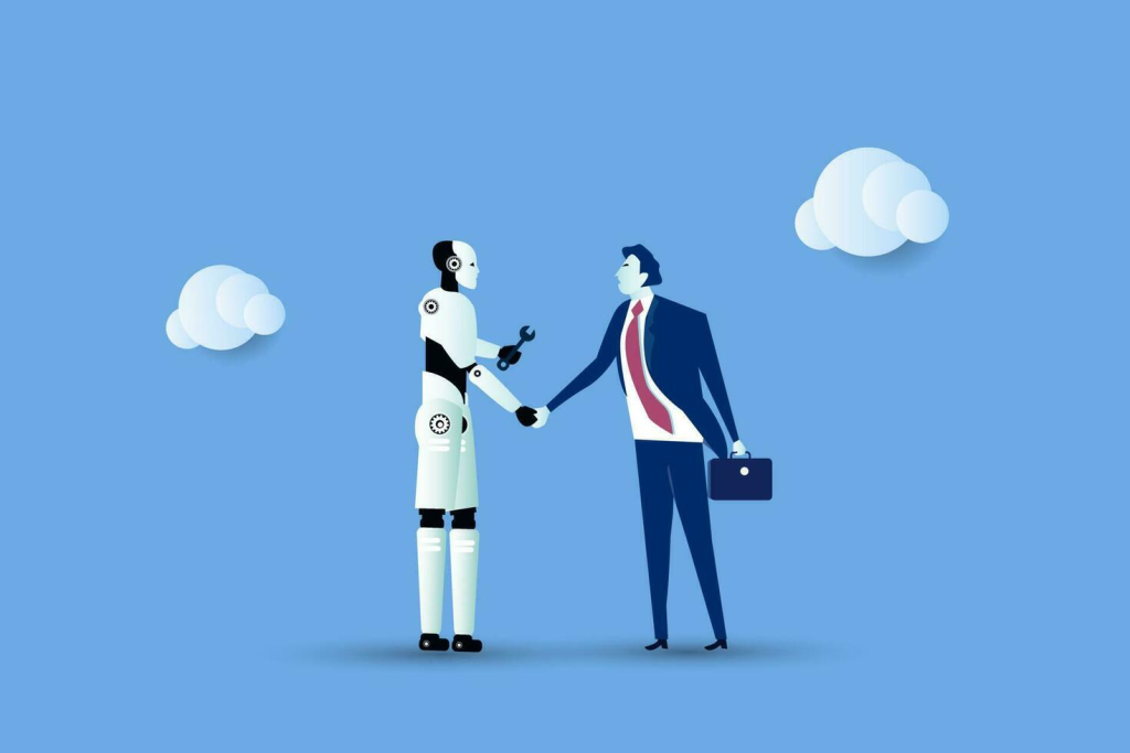 An image of a robot and a man shaking hands, symbolizing the integration of humans and artificial intelligence. in Marketing .