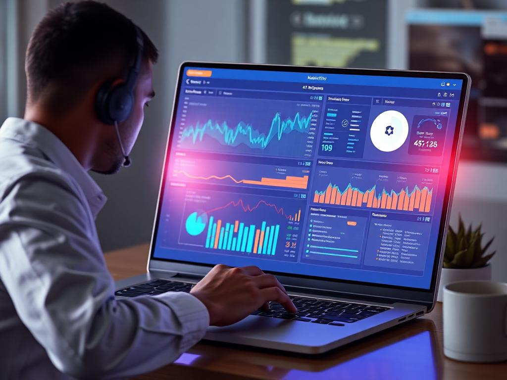 A person wearing a headset analyzes data on a laptop screen displaying an AI-powered marketing or analytics dashboard