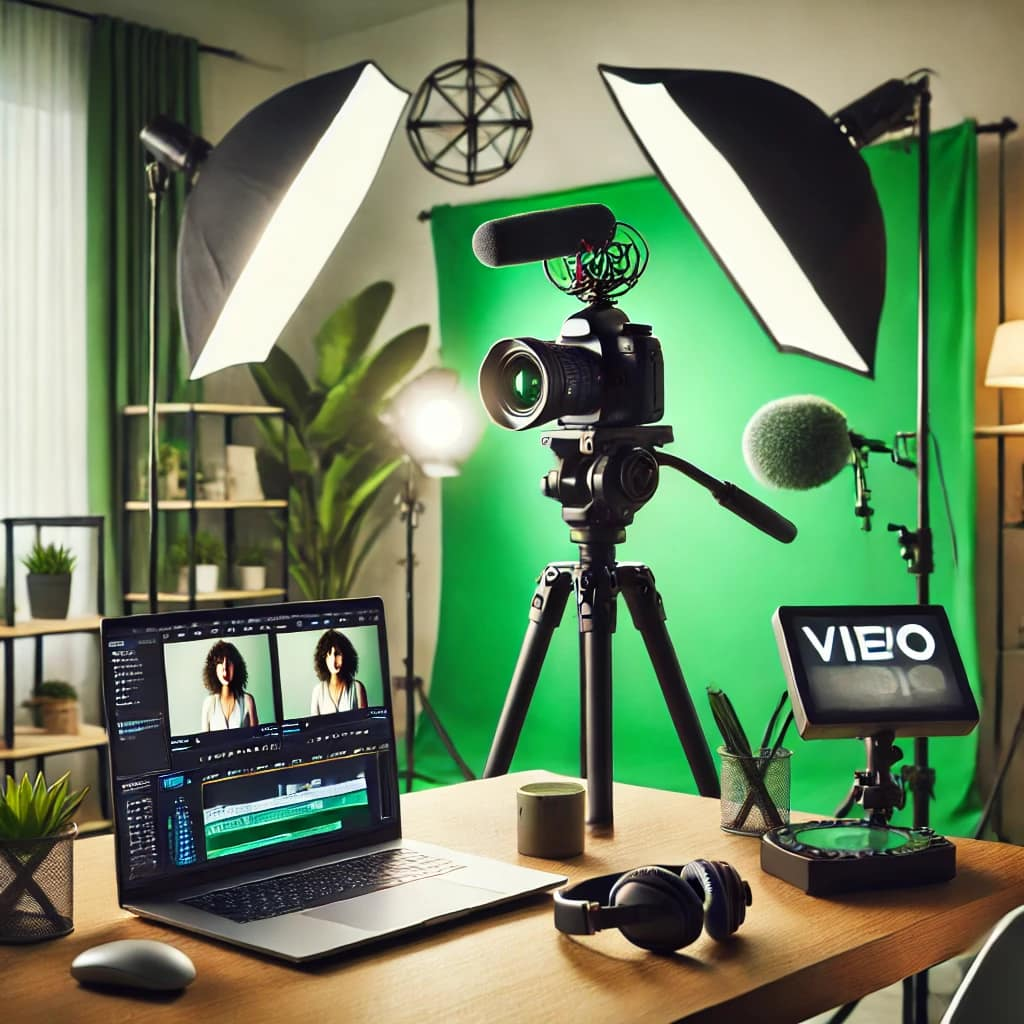 A well-equipped studio setup with camera, lighting, and green screen for creating professional video content
