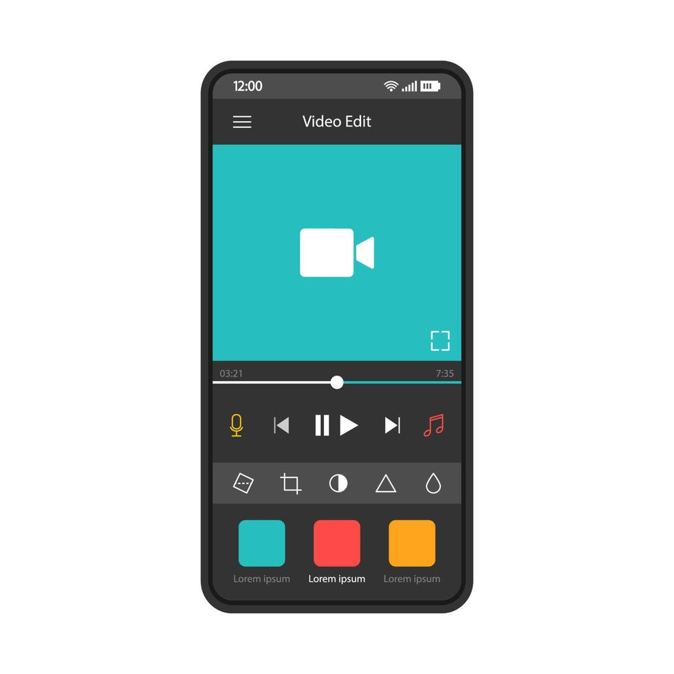 A generic mobile video editing application interface displayed on a smartphone screen, showing playback controls and editing tools