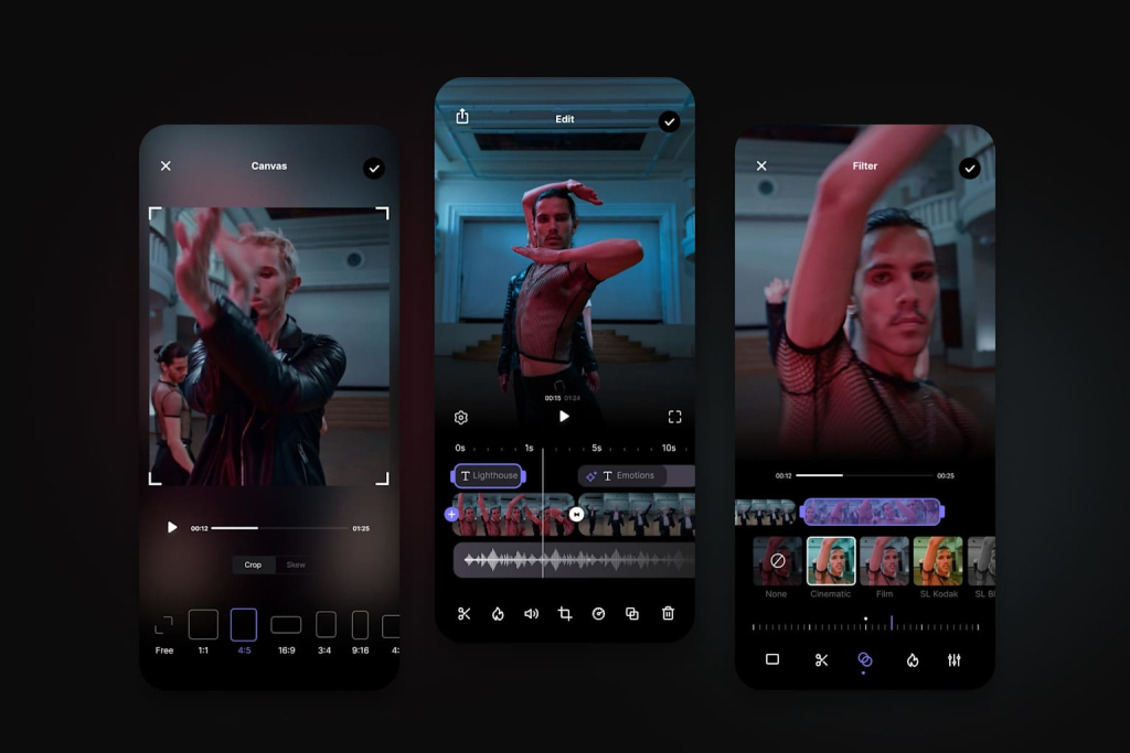 Interfaces of a mobile video editing application, showing features for cropping, timeline editing, and applying visual filters to video footage